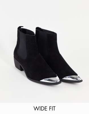 ASOS DESIGN Wide Fit cuban heel western chelsea boots in black faux suede with metal toe cap