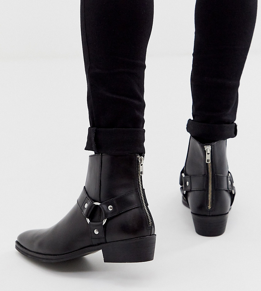 ASOS DESIGN Wide Fit cuban heel western chelsea boots in black leather with buckle detail