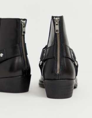 asos design cuban heel western chelsea boots in black leather with buckle detail