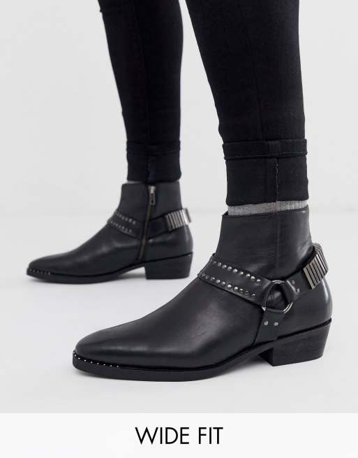 Asos design cuban heel western chelsea boots in black leather with buckle shop detail