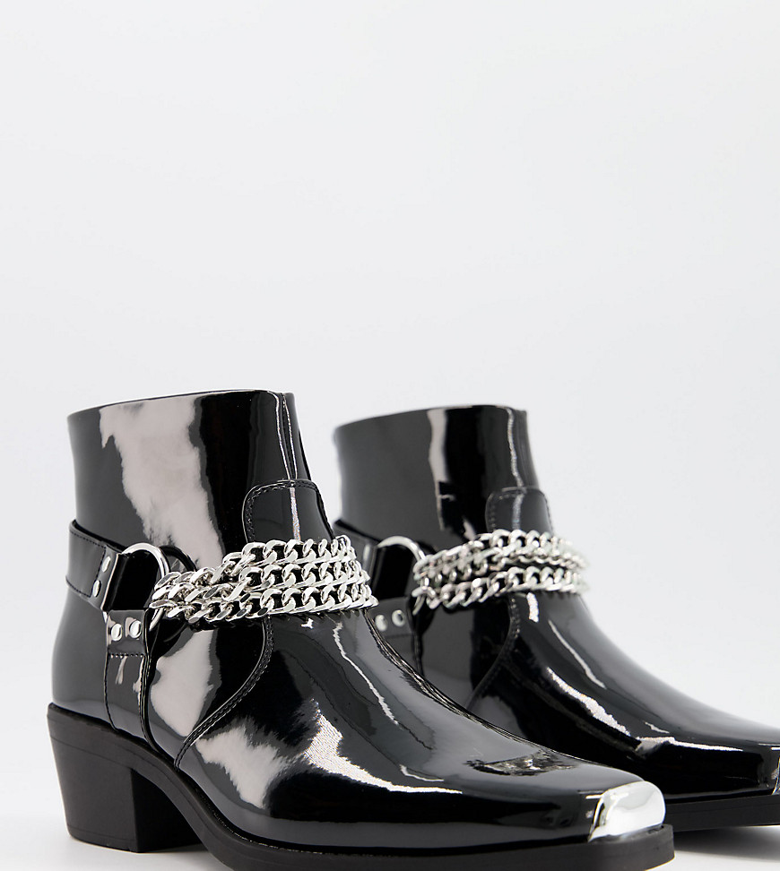 ASOS DESIGN Wide Fit cuban heel western chelsea boots in black patent with silver chain