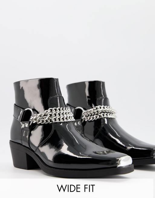 ASOS Wide Fit cuban western chelsea boots in black patent with silver chain |