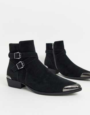 asos design cuban heel western chelsea boots in black leather with buckle detail