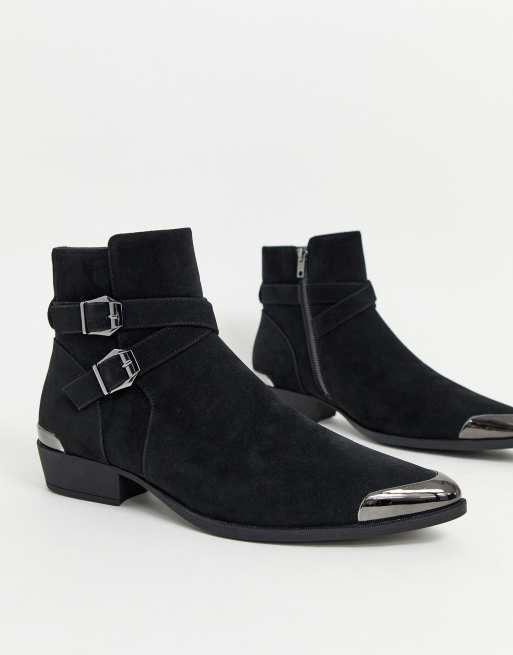 Asos design cuban heel western chelsea 2024 boots in black leather with buckle detail