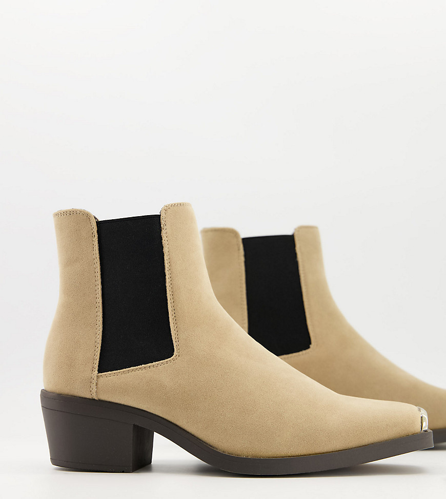 ASOS DESIGN Wide Fit cuban heel western chelsea boots in stone faux suede with metal hardware