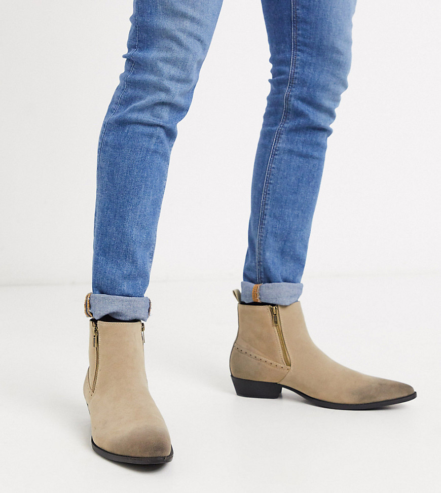 ASOS DESIGN Wide Fit cuban heel western chelsea boots in stone faux suede with zips