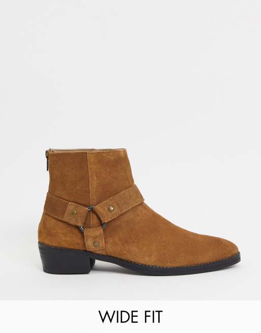 Asos Design Wide Fit Cuban Heel Western Chelsea Boots In Tan Suede With Buckle Detail Asos 3203