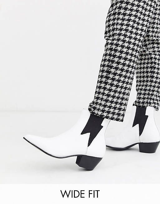 ASOS DESIGN Wide Fit cuban heel western chelsea boots in white leather with lightning detail
