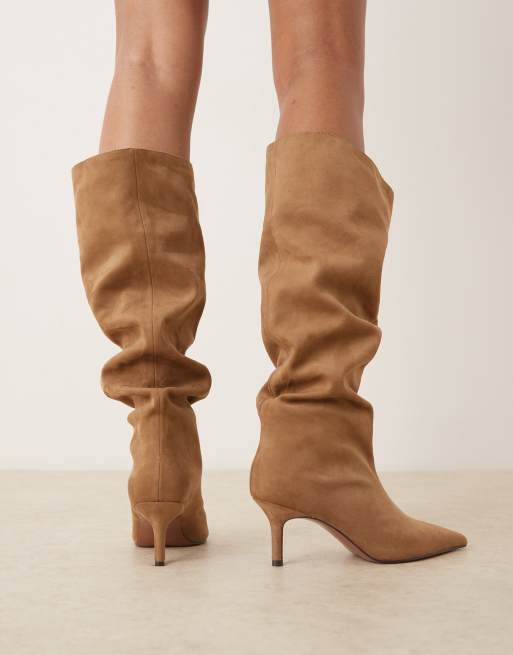 ASOS DESIGN Wide Fit Cydney slouch pull on knee boots in sand suedette
