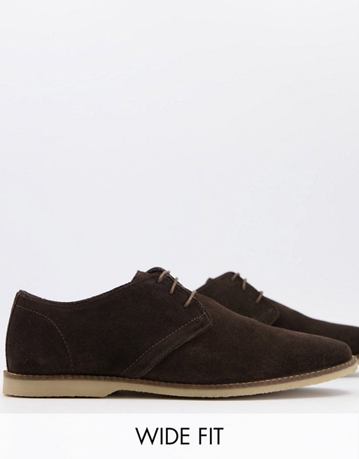 ASOS DESIGN Wide Fit derby shoes in brown suede with piped edging