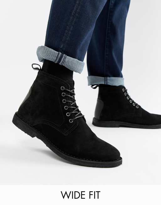 ASOS DESIGN Wide Fit desert boots in black suede with leather detail