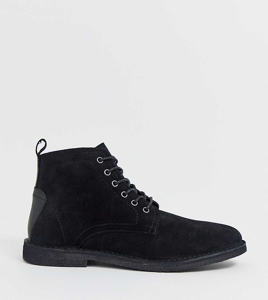 ASOS DESIGN Wide Fit desert chukka boots in black suede with leather detail