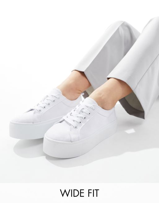 ASOS DESIGN Wide Fit Divide lace up flatform sneakers in white ASOS