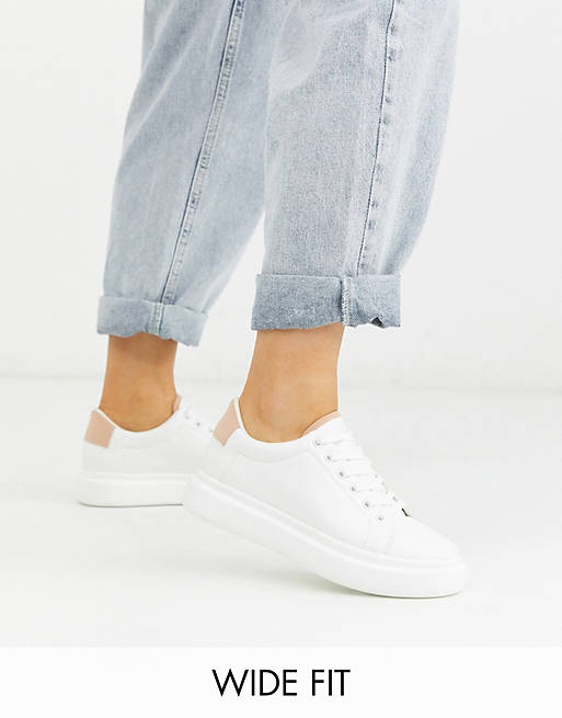 ASOS DESIGN Wide Fit Doro chunky lace up trainers in white and beige