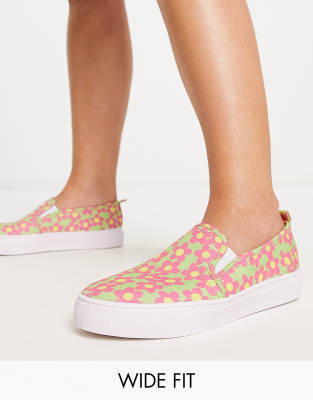 ASOS DESIGN Wide Fit - Dotty - Leinenschuhe zum Hineinschlüpfen mit Blumenmuster-Bunt