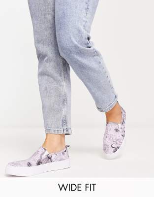 ASOS DESIGN Wide Fit - Dotty - Leinenschuhe zum Reinschlüpfen in Flieder mit Himmelskörper-Print-Bunt