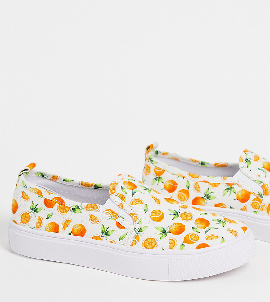 ASOS DESIGN Wide Fit Dotty slip-on canvas sneakers in fruit print-Multi
