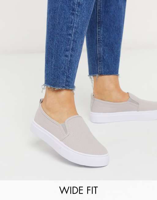 ASOS DESIGN Wide Fit Dotty slip on plimsolls in gray | ASOS