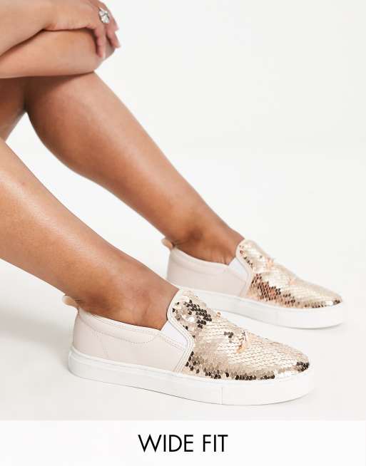 ASOS DESIGN Wide Fit Dreamy slip on sneakers in gold sequin |