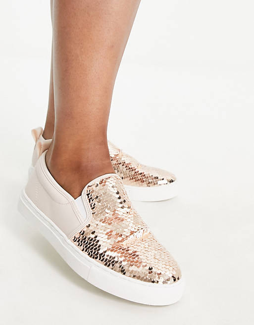 ASOS Design Wide Fit Dreamy Slip on Sneakers in Rose Gold Sequin