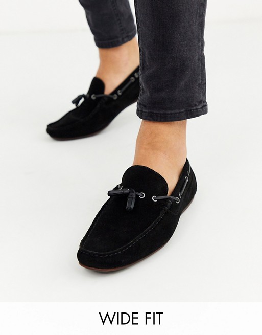 ASOS DESIGN Wide Fit driving shoes in black suede with lace detail