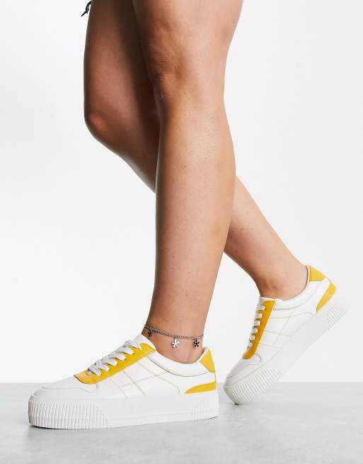 ASOS DESIGN Wide Fit Duet flatform lace up sneakers in white/yellow, 2 of 4