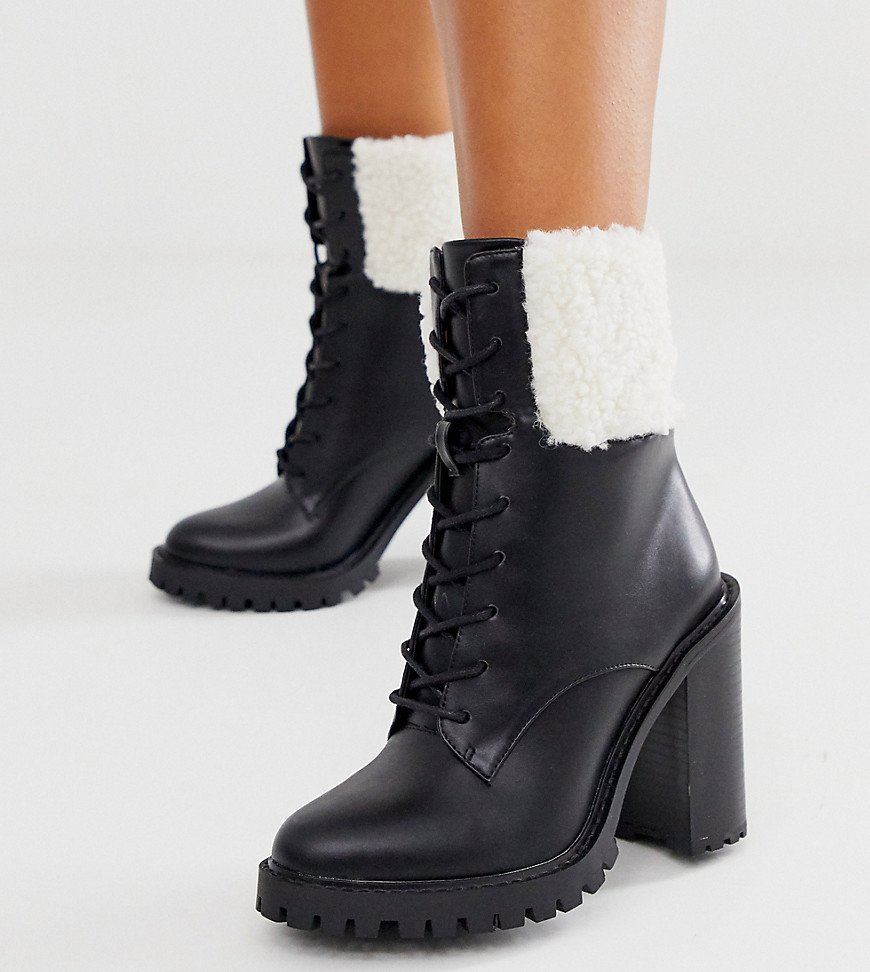 ASOS DESIGN Wide Fit Earlsfield chunky borg lace up boots in black