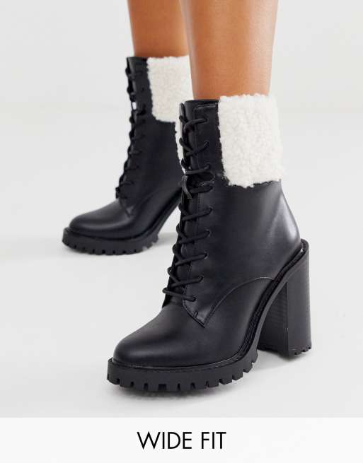 ASOS DESIGN Wide Fit Earlsfield chunky borg lace up boots in black | ASOS