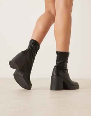 Asos Design Wide Fit Edison Square Toe Chunky Heeled Sock Boots In Black