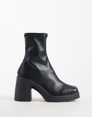 Asos Design Wide Fit Edison Square Toe Chunky Heeled Sock Boots In Black