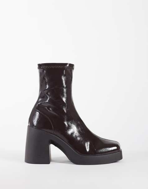 ASOS DESIGN Wide Fit Edison square toe chunky heeled sock boots in chocolate patent - view 1