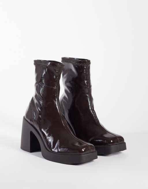 ASOS DESIGN Wide Fit Edison square toe chunky heeled sock boots in chocolate patent, 2 of 4
