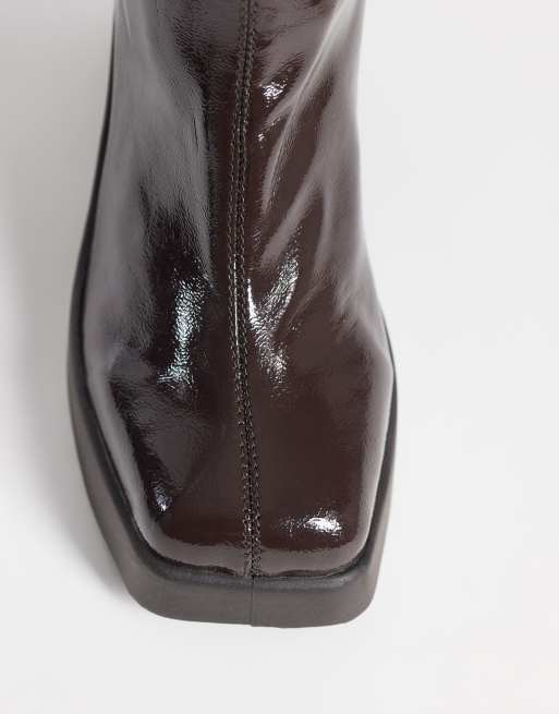 ASOS DESIGN Wide Fit Edison square toe chunky heeled sock boots in chocolate patent, 3 of 4