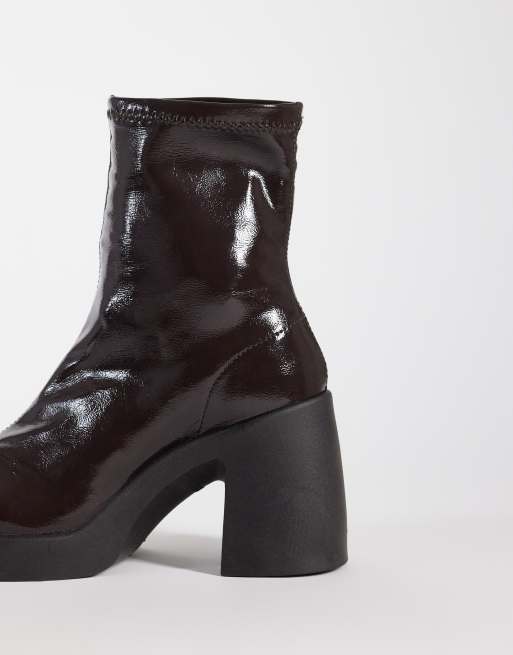 ASOS DESIGN Wide Fit Edison square toe chunky heeled sock boots in chocolate patent, 4 of 4