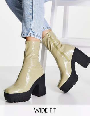 Asos Design Wide Fit Elena High Heeled Sock Boots In Sage Green