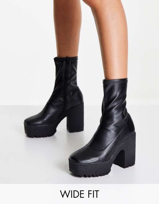 ASOS DESIGN Wide Fit Elena Schwarze Sock Boots aus PU mit hohem Absatz weite Passform