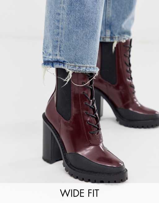ASOS DESIGN Wide Fit Ellen chunky lace up boots in burgundy | ASOS
