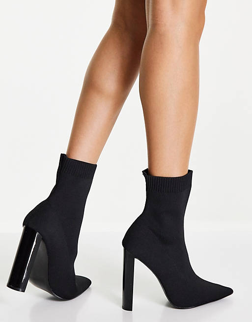 ASOS DESIGN Wide Fit Elly black heel sock boots in black knit