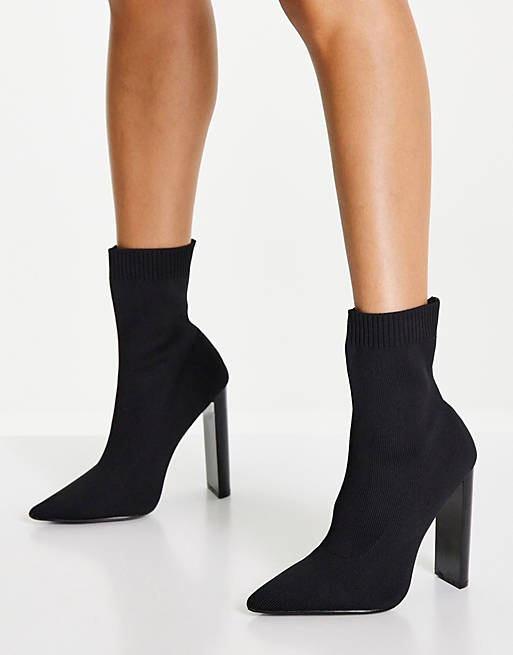 Shoes Boots/Wide Fit Elly black heel sock boots in black knit 