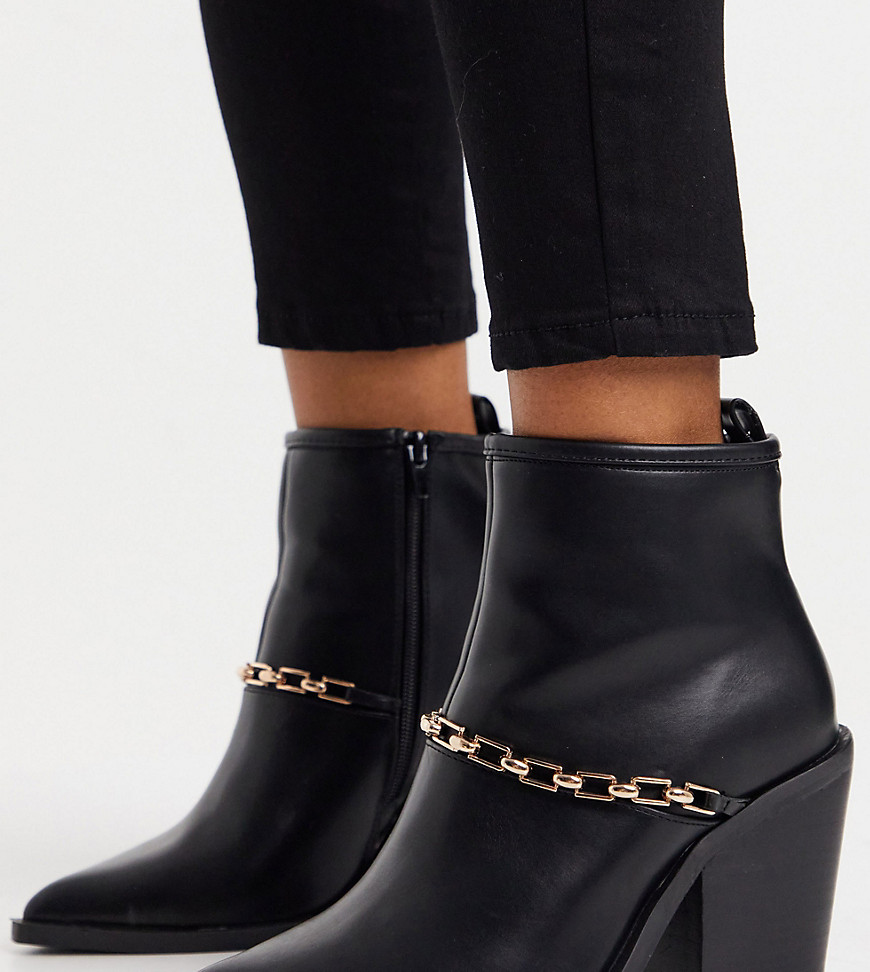 ASOS DESIGN Wide Fit Elvin Western boots wth chain detail in black