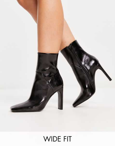 ASOS DESIGN Wide Fit Evelyn high-heeled platform boots in black patent