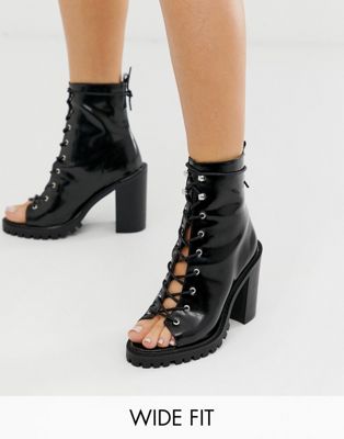 ASOS DESIGN Wide Fit Emma peep toe chunky lace up boots in black | ASOS