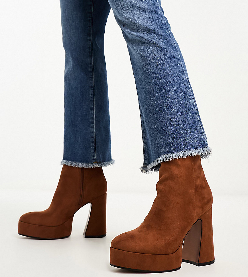 ASOS DESIGN Wide Fit Enchant heeled platform boots in tan micro-Brown