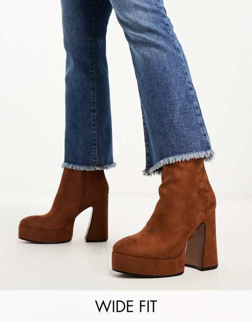 ASOS DESIGN Wide Fit Enchant heeled platform boots in tan micro ASOS