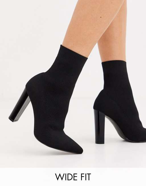 ASOS DESIGN Wide Fit Enhance block heel sock boots in black knit