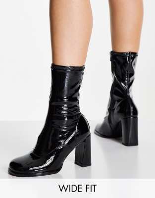 ASOS DESIGN Wide Fit Epsom high-heeled sock boots in black patent