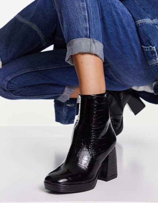 ASOS DESIGN Wide Fit Era high-heeled platforms boots in black croc