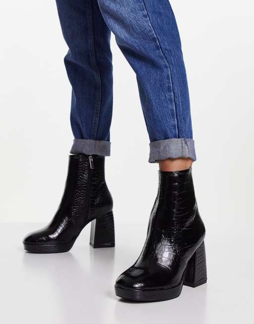 ASOS DESIGN Wide Fit Era high-heeled platforms boots in black croc