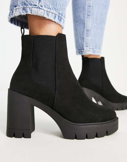 Wide fit black suedette 2025 block heel chunky boots