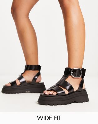 ASOS DESIGN Wide Fit Factor buckle hardware fisherman flat sandals in black - ASOS Price Checker